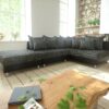 Ecksofa Clovis Schwarz mit Hocker Ottomane Rechts Modular