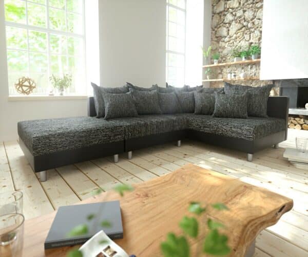 Ecksofa Clovis Schwarz mit Hocker Ottomane Rechts Modular