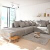 Ecksofa Clovis Hellgrau Strukturstoff Hocker Armlehne Ottomane Rechts Modulsofa