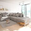 Ecksofa Clovis Hellgrau Strukturstoff Hocker Armlehne Ottomane Links Modulsofa
