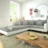 Ecksofa Clovis Weiss Hellgrau Hocker Armlehne Ottomane Links Modulsofa