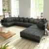 Wohnlandschaft Clovis XL Schwarz Modulsofa mit Hocker