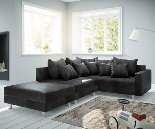 Ecksofa Clovis Anthrazit Antik Optik modular Hocker Armlehne Ottomane Rechts