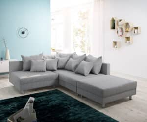 Ecksofa Clovis Grau Flachgewebe Hocker Ottomane Rechts Modulsofa