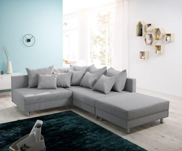 Ecksofa Clovis Grau Flachgewebe Hocker Ottomane Rechts Modulsofa