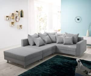 Ecksofa Clovis Grau Flachgewebe Hocker Armlehne Ottomane Rechts Modulsofa