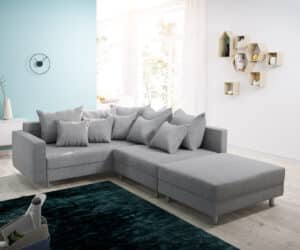 Ecksofa Clovis Grau Flachgewebe Hocker Armlehne Ottomane Links Modulsofa