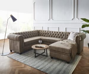 Wohnlandschaft Chesterfield 266x88 cm Taupe Abgesteppt Ottomane Rechts