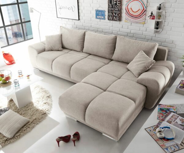 Ecksofa Alka 290 x 190 cm Mikrofaser Beige Ottomane variabel Schlaffunktion Bettkasten