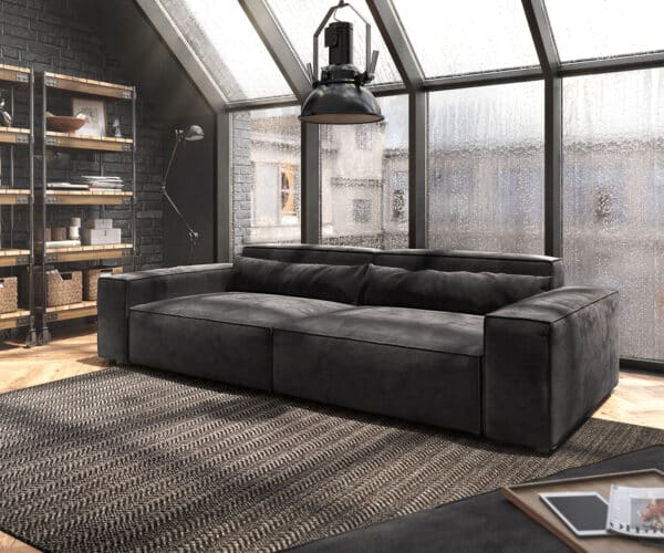 Big-Sofa Sirpio XL 270x125 cm Mikrofaser Schwarz Kedernaht mit Hocker