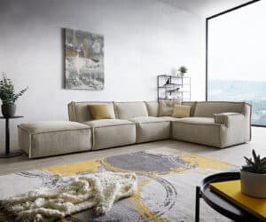 Ecksofa Basit 380x225 cm Chenille Beige Ottomane rechts mit Hocker