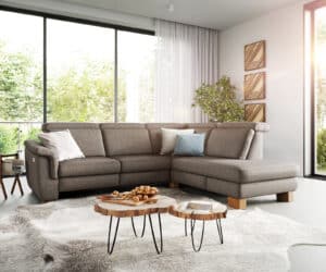 Ecksofa Laurico 300 x 230 cm Mikrofaser Taupe Ottomane rechts elektrische Relaxfunktion