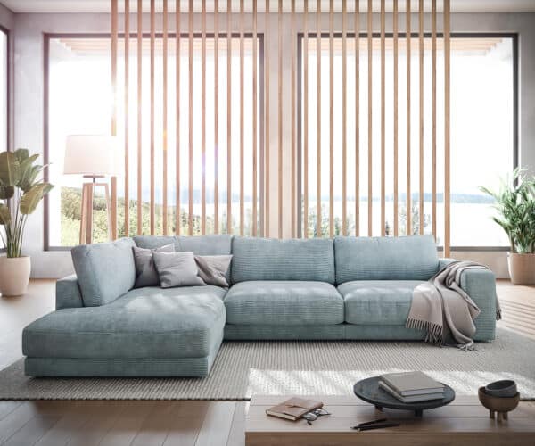 Ecksofa Cubico 325x225 cm Cord Pastellblau Ottomane links