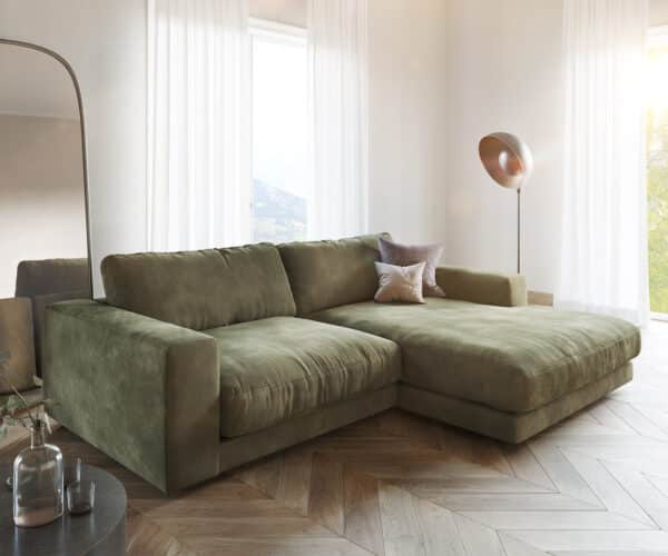 Ecksofa Cubico 250 x190 Samt Olive Recamiere rechts