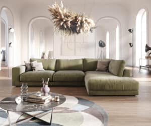 Ecksofa Cubico 325x225 cm Samt Olive Ottomane rechts