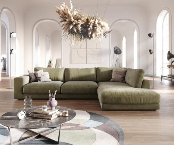 Ecksofa Cubico 325x225 cm Samt Olive Ottomane rechts