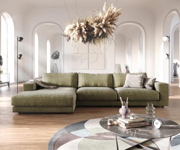 Ecksofa Cubico 350x190 cm Samt Olive Recamiere links