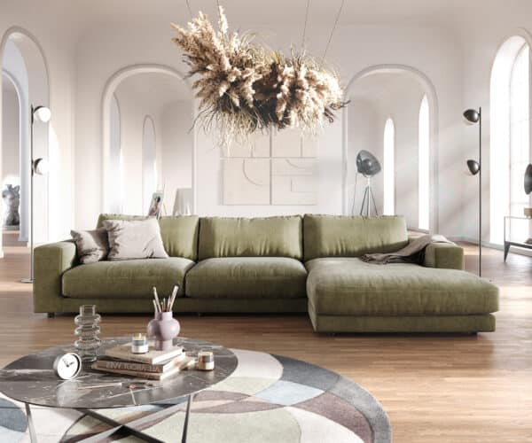 Ecksofa Cubico 350x190 cm Samt Olive Recamiere rechts