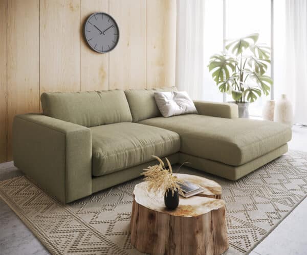 Ecksofa Cubico 250 x190 Strukturstoff Olive Recamiere rechts