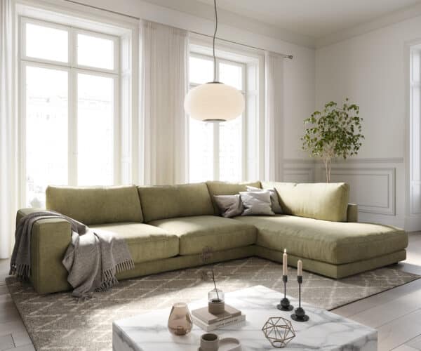 Ecksofa Cubico 325x225 cm Strukturstoff Olive Ottomane rechts