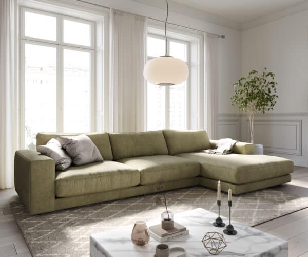 Ecksofa Cubico 350x190 cm Strukturstoff Olive Recamiere rechts