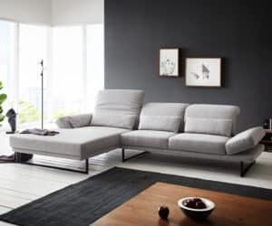 Ecksofa Enya 320x190 cm Flachgewebe Hellgrau Recamiere links mit Sitztiefenverstellung