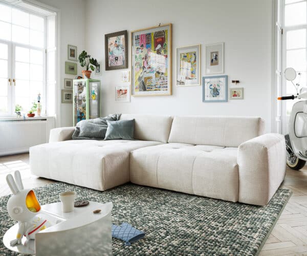 Ecksofa Lazaro 300x160 cm Cord Beige Ottomane links mit Sitztiefenverstellung