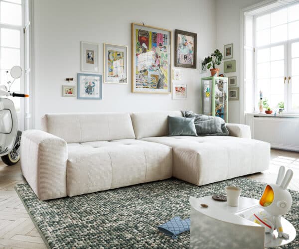 Ecksofa Lazaro 300x160 cm Cord Beige Ottomane rechts mit Sitztiefenverstellung