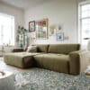 Ecksofa Lazaro 300x160 cm Samt Olive Ottomane links mit Sitztiefenverstellung