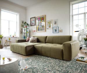 Ecksofa Lazaro 300x160 cm Samt Olive Ottomane links mit Sitztiefenverstellung