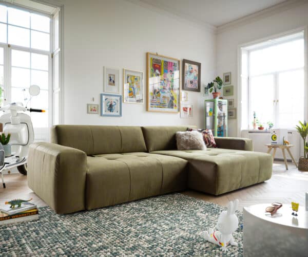 Ecksofa Lazaro 300x160 cm Samt Olive Ottomane rechts mit Sitztiefenverstellung