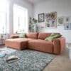 Ecksofa Lazaro 300x160 cm Flachgewebe Orange Ottomane links mit Sitztiefenverstellung