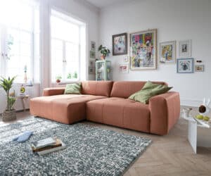 Ecksofa Lazaro 300x160 cm Flachgewebe Orange Ottomane links mit Sitztiefenverstellung