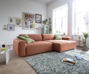 Ecksofa Lazaro 300x160 cm Flachgewebe Orange Ottomane rechts mit Sitztiefenverstellung