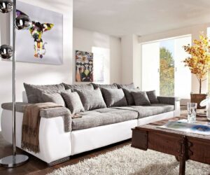 Sofa Navin 275x116 cm Hellgrau Weiss Couch mit Kissen