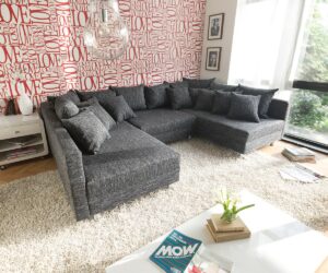 Wohnlandschaft Clovis Schwarz Strukturstoff  mit Hocker Modulsofa