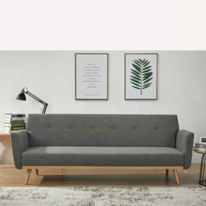 Dreisitzer Sofa in Dunkelgrau und Holz Naturfarben Rücken Klappmechanik