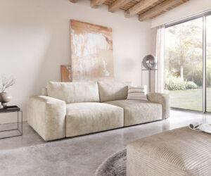 Big-Sofa Lanzo XL 270x125 cm Cord Beige mit Hocker