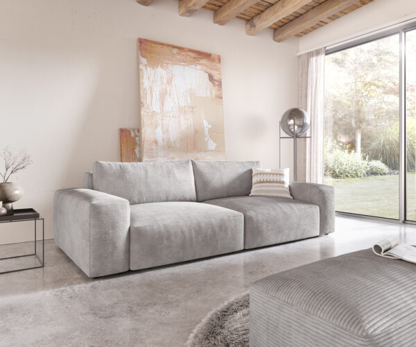 Big-Sofa Lanzo XL 270x125 cm Cord Silbergrau mit Hocker