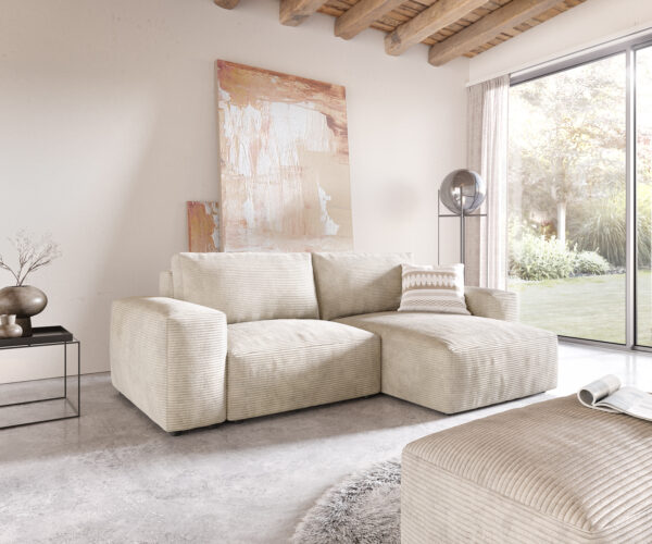 Ecksofa Lanzo L 260x160 cm Cord Beige Recamiere variabel mit Hocker