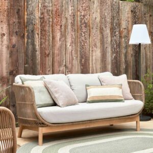 Dreisitzer Sofa in Akaziefarben und Beige Kordelgeflecht und Massivholz