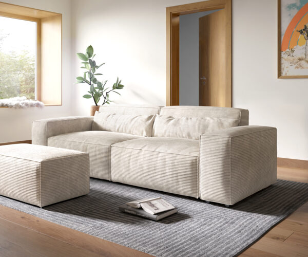 Big-Sofa Sirpio XL 270x125 cm Cord Beige mit Hocker