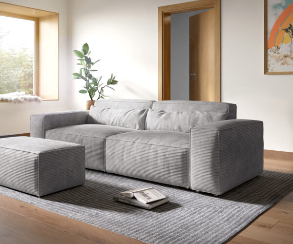 Big-Sofa Sirpio XL 270x125 cm Cord Silbergrau mit Hocker