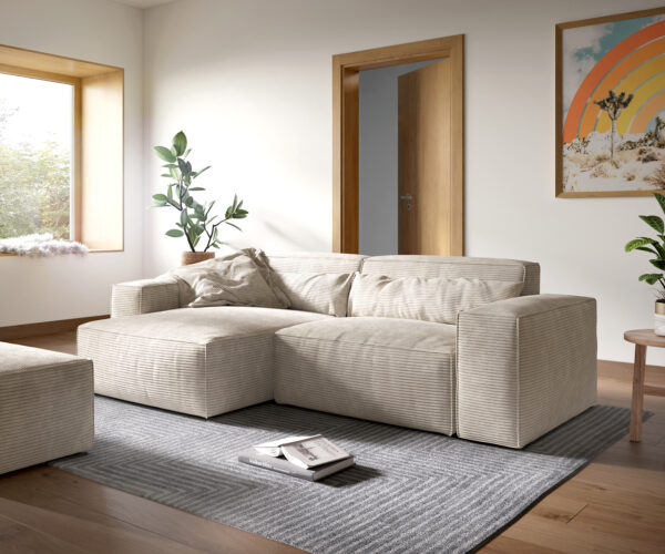 Ecksofa Sirpio XL 270x175 cm Cord Beige Recamiere variabel mit Hocker