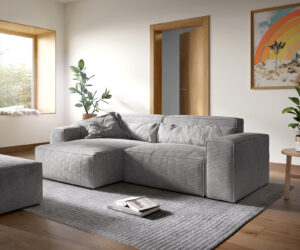 Ecksofa Sirpio XL 270x175 cm Cord Silbergrau Recamiere variabel mit Hocker