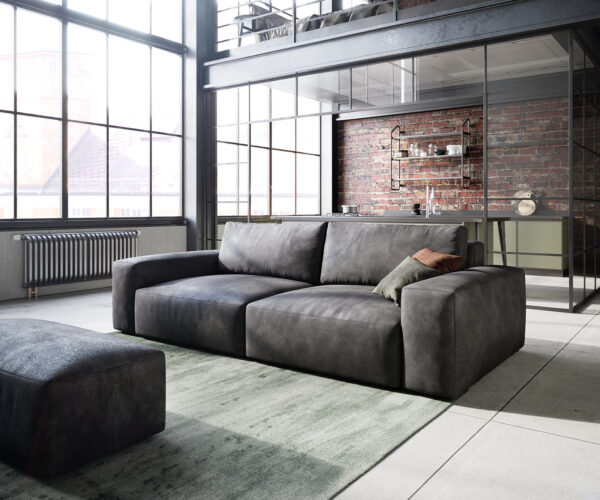 Big-Sofa Lanzo L 250x105 cm Lederimitat Vintage Anthrazit mit Hocker