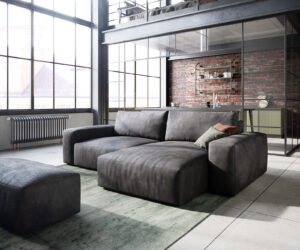 Ecksofa Lanzo L 260x160 cm Lederimitat Vintage Anthrazit Recamiere variabel mit Hocker