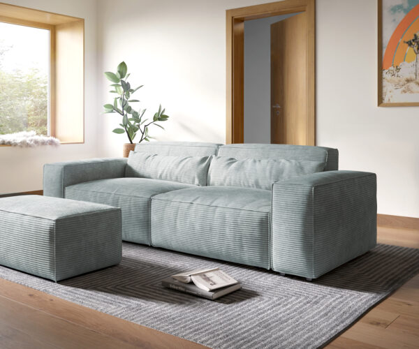 Big-Sofa Sirpio XL 270x125 cm Cord Pastellblau mit Hocker