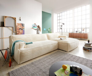 Ecksofa Basit 330x165 cm Plüschcord Beige Recamiere rechts