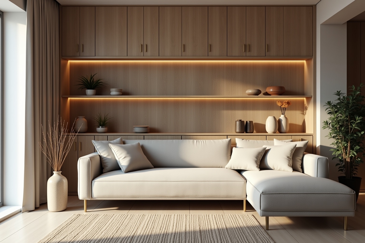 17 schmale Regale hinter der Couch